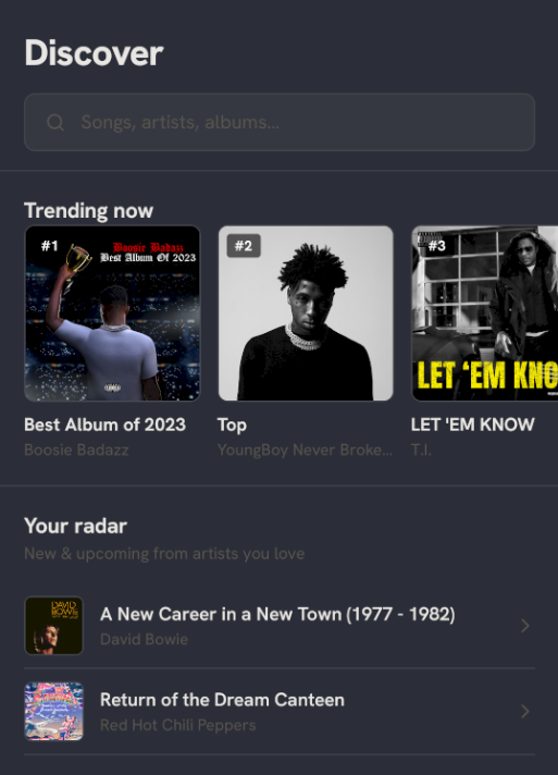 Vull Discover screen — trending albums and new releases