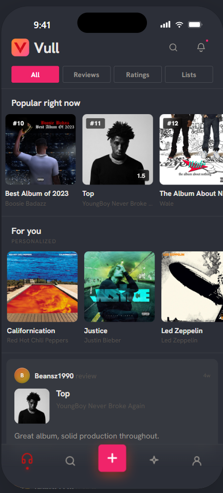 Vull home feed — popular albums and friend reviews