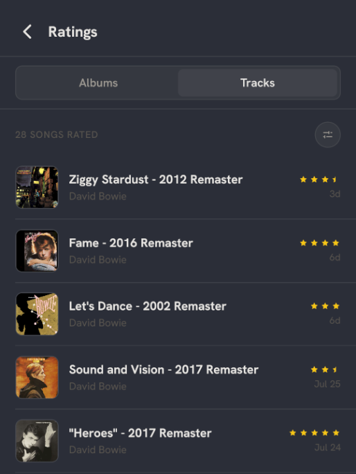 Vull ratings screen — David Bowie tracks rated with star ratings